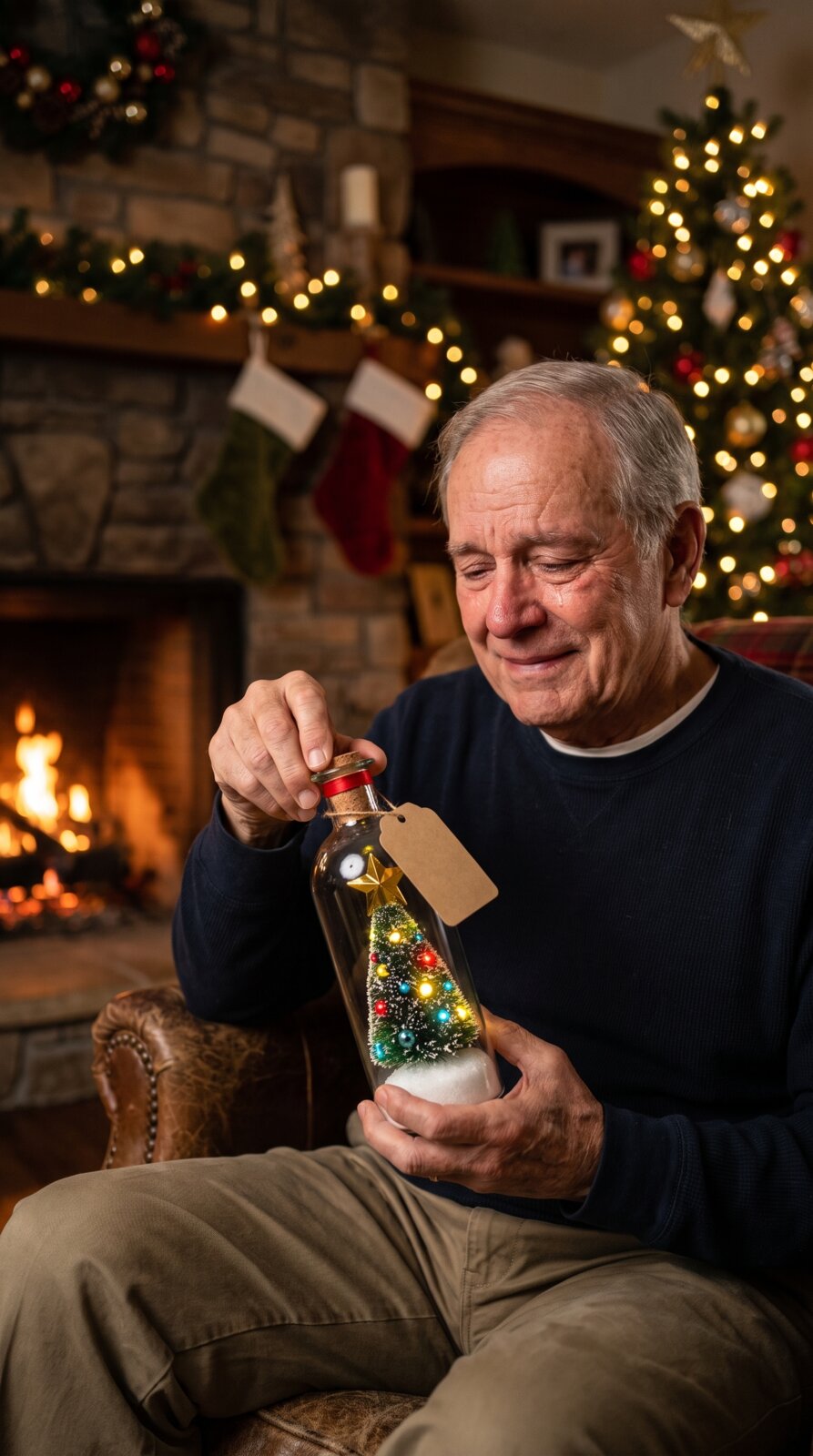 A grandfather pulling the cork out of the wishing bottle by the fireplace