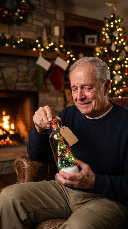 A grandfather pulling the cork out of the wishing bottle by the fireplace