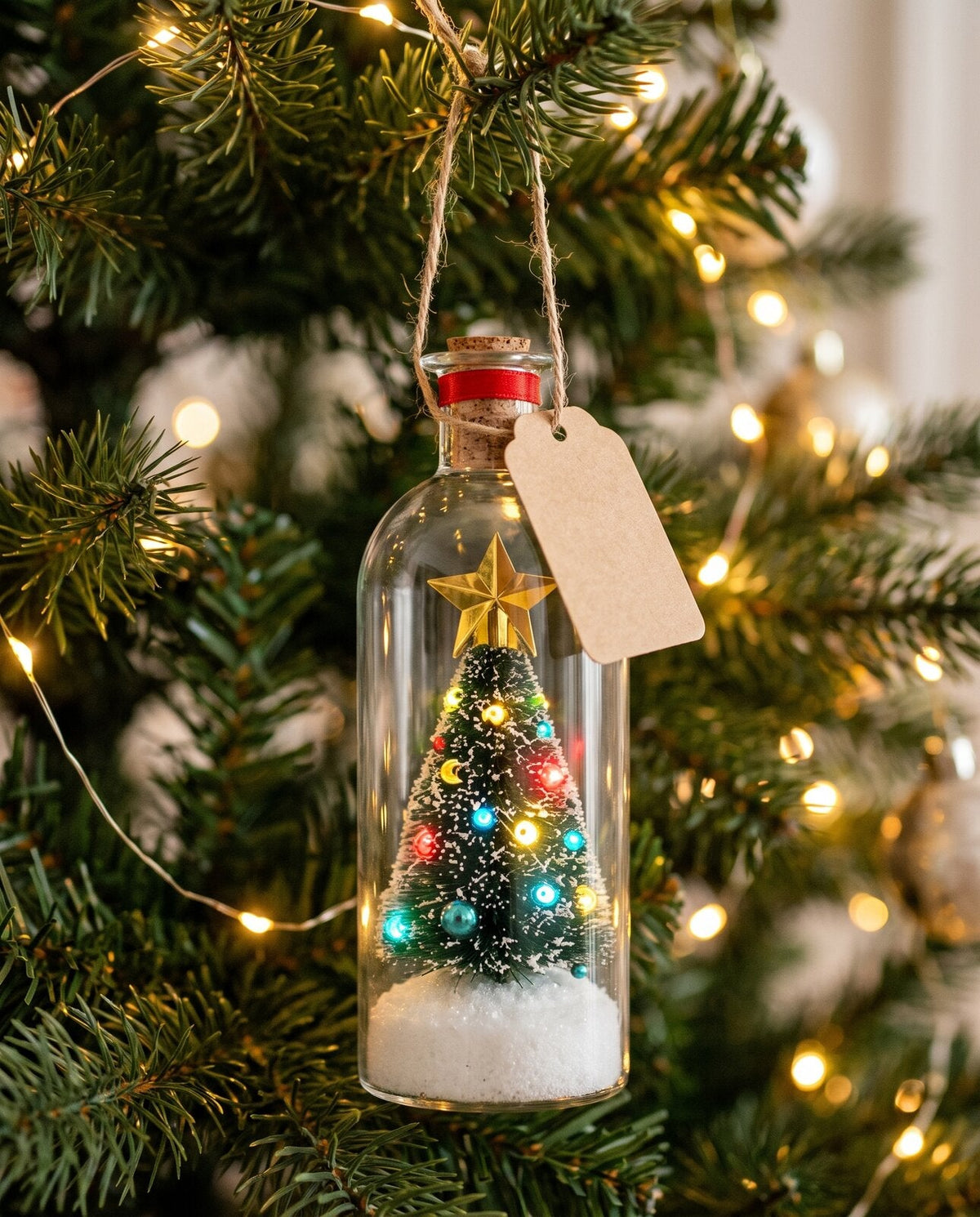 Wishing bottle hanging on a Christmas tree by its string